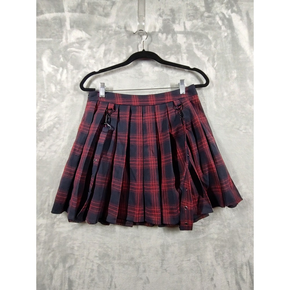 Chouyatou Red Black Plaid Pleated Mini Skirt Punk Gothic Harness Straps Small